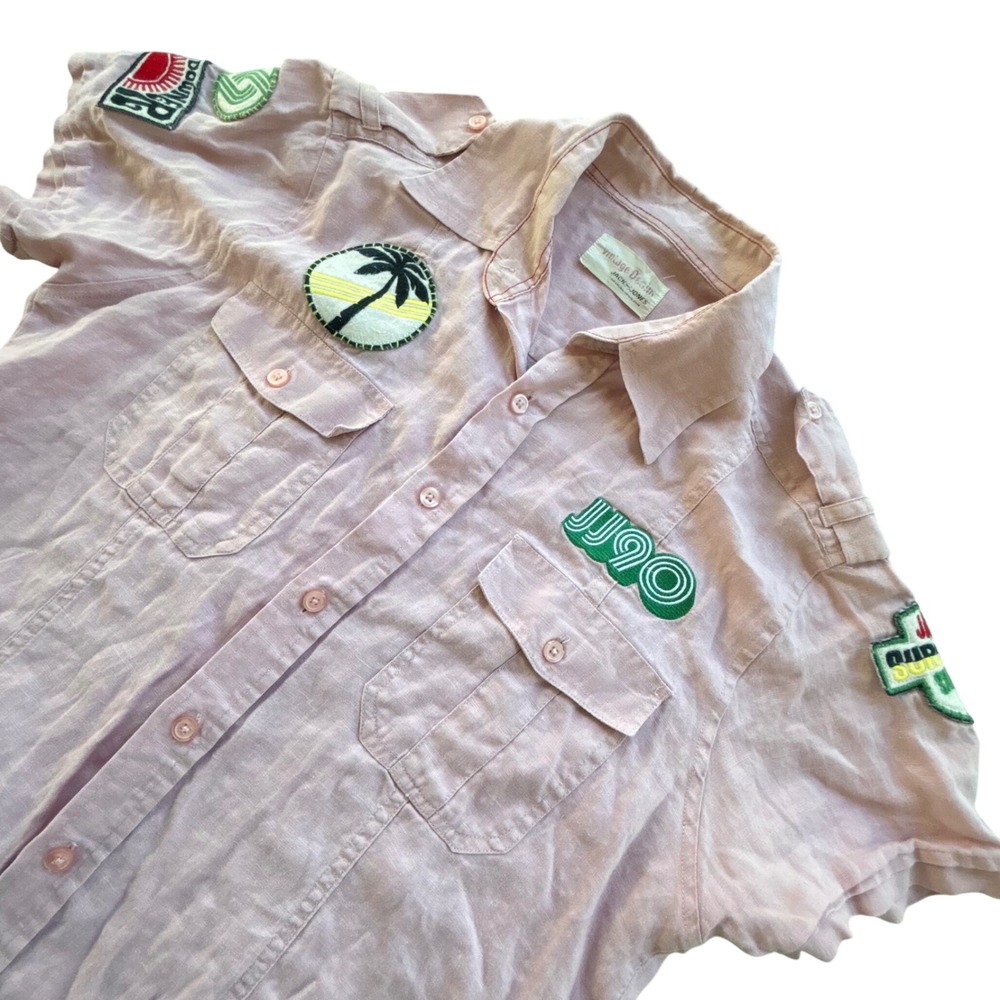 Jack & Jones Button Down Women's S Pink Patchwork 100% Linen Surf Coastal Grunge